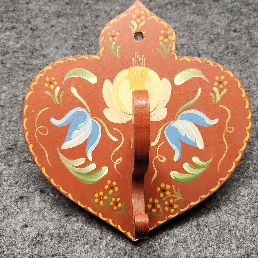 Vintage Folk Art Country Floral Wall Hanging Hook Cottagecore 1980s Handmade